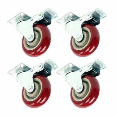 Y&Y DECOR 4 Pack 3" Caster Wheels Swivel Plate Total Lock Brake Red Polyurethane PU