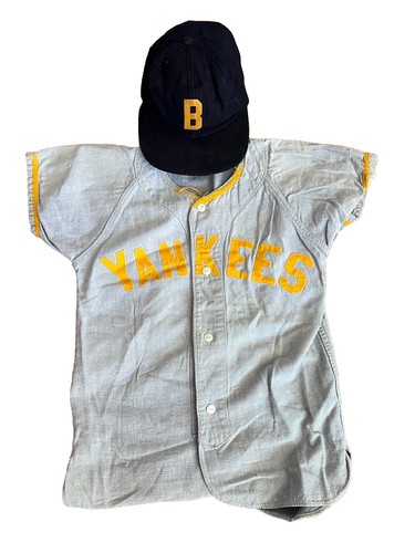 Antique 1920s 30s MacGregor Denim Yankees Youth Baseball Jersey & Hat Uniform - Picture 2 of 10