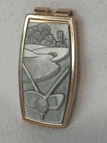 ~Vintage~ Golf Club & Ball Course Imagery Money Clip Pewter & Gold Tone