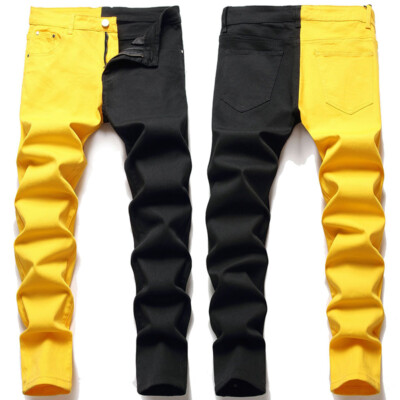 【COLOR iN ID】Two tone dumble pants Mens Two Tone Splice Denim Pants Multi Colors Jeans Trousers