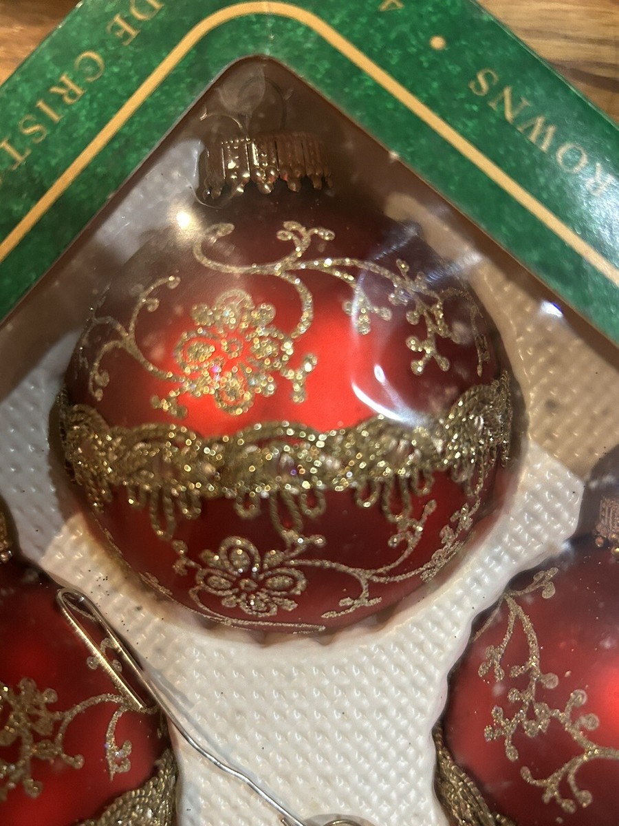 Vintage Christmas by Krebs 4 Fancy Maroon Red Glass Ornaments Gold