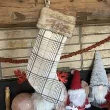 Target Wondershop Brown Beige Tartan Plaid Christmas Stocking Fur Cuff Ivory