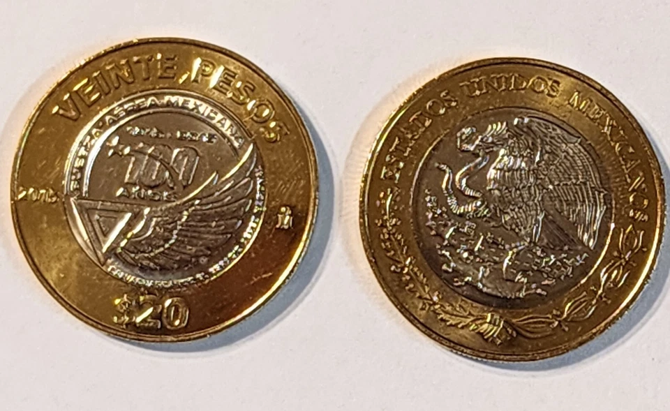 MÉXICO 20 PESOS Brillante Moneda 1915-2015 100 Fuerza Aérea Moneda Bimetálica UNC Foto 3 de 4