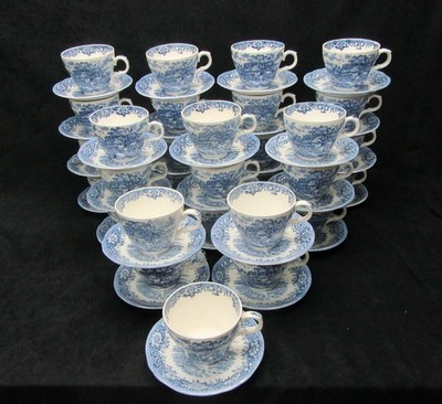 Vintage Salem Olde Staffordshire Blue English Village Cup(s) & Saucer(s) Old