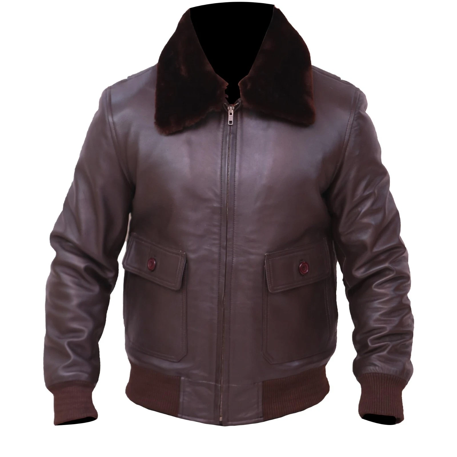 Men's Bomber Leather Jacket Real Brown Leather Aviator Ribbed Cuffs Winter Coat