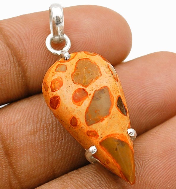 Natural Crinoid Fossil Jasper 925 Sterling Silver Pendant Jewelry