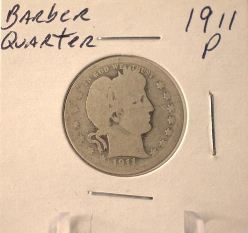 1911 P Barber Quarter - U.S. 25 cents silver coin in circulated condition