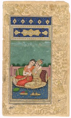 Mughal Miniaturmalerei Von Kaiser Akbar & Jodha Bai Liebesszene 6x10 Zoll