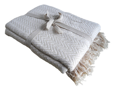 Luxus Baumwolle Überwurf Deko Fischgrät beige weiß kuschelig weich Tweed Decke