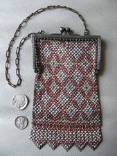 Antique Silver Frame Floral Clasp Red White Chain Mail Mesh Purse ELSAH