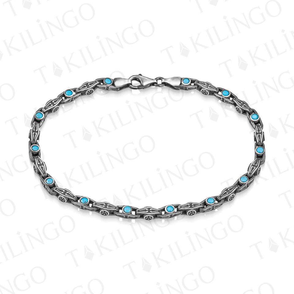 925 Sterling Silver Men's Bracelet with Turquoise Stones Oxidized Link Chain - Image 3 of 4