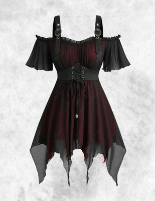 New Black & Red Gothic Mesh Corset Front Buckle Strap Blouse size 4XL 24 26 28
