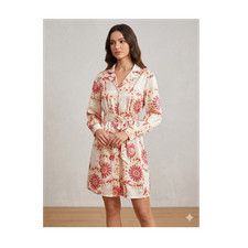 Damen Satin Hemdblusenkleid kurz Langarm Beig...
