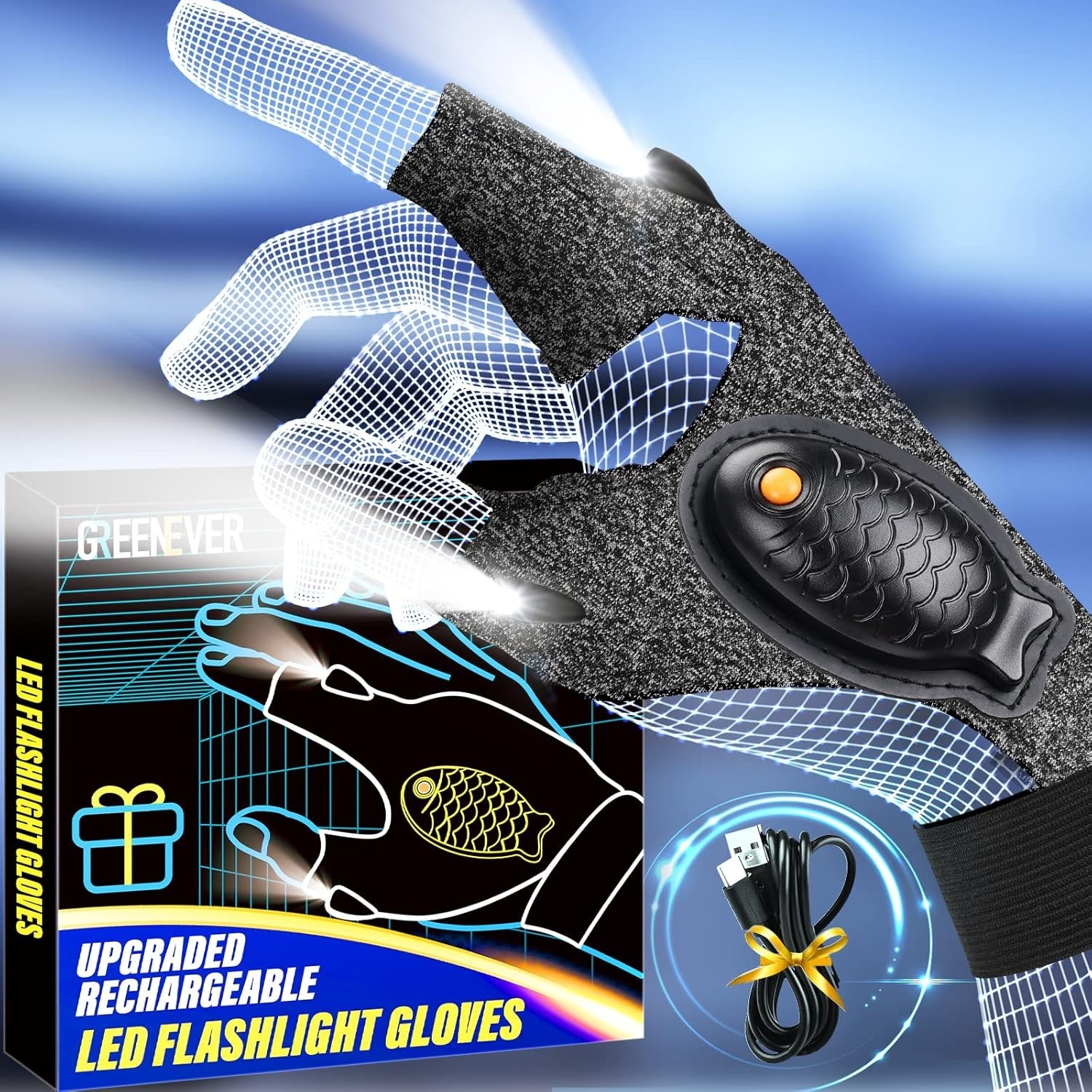 1PairLED Flashlight Gloves Rechargeable Waterproof Gift for Men Fishing Camping
