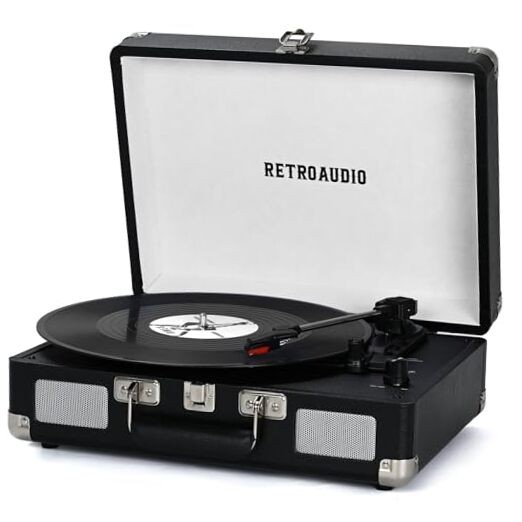 Vinyl Record Player 3-Speed Bluetooth Portable Suitcase Belt-Driven Black