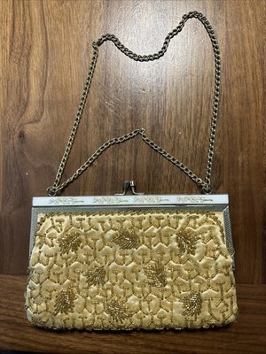 Vintage Satin Beaded Kiss Lock Evening Bag w/Chain Strap, Pearl Inlay Hong Kong