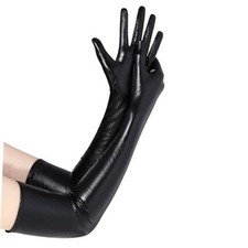 Long Gloves for Women Metallic Wet Look Elbow Length Opera Gloves Black