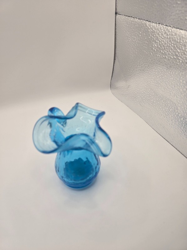 VTG Teal Blue Crackle Glass Small Pitcher Creamer Hand Blown Elegant 3 inches