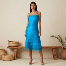 Evening Cocktail Midi Dress Blue Shift Square Neck Sleeveless Ruffles Glam S