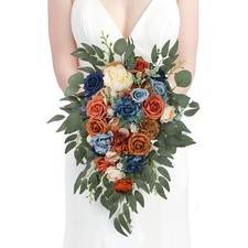 Navy Terracotta Cascading Bouquet, Silk Wedding Bridal Bouquet