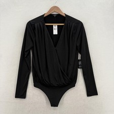 Express Bodysuit Womens Small Black Long Sleeve Plunge Pleated Jersey NWT