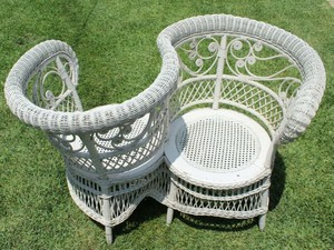 Rare Antique Victorian White Wicker (Double Seat) Love Kissing Chair