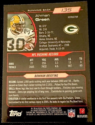 AHMAN GREEN -   2006 BOWMAN CHROME FOOTBALL  #135 REFRACTOR - Picture 2 of 2