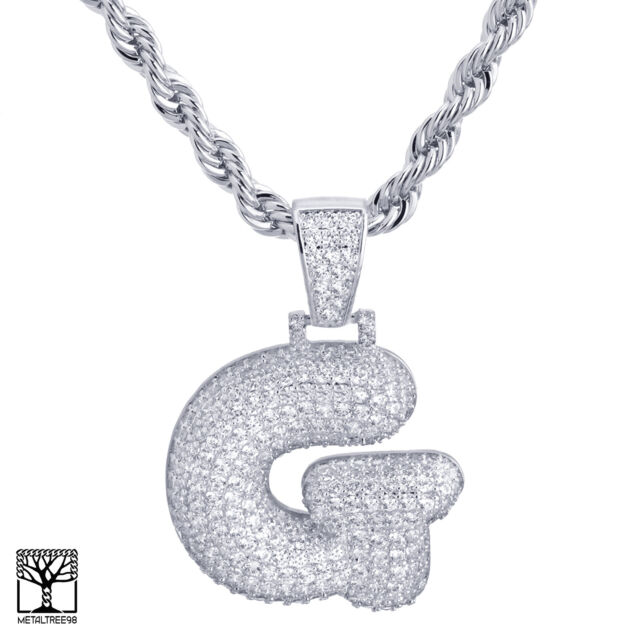G Initial Silver Plated Custom Bubble Letter Iced CZ Pendant 24" Chain Necklace