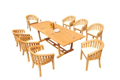 9-Piece Outdoor Teak Dining Set: 94'' Masc Rectangle Ext Table, 8 Arm Chairs Leno
