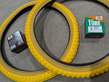 2 INNOVA YELLOW/GUMS BMX BICYCLE TIRES 20X2.125 (57-406)  & TUBES,COMP 3 STYLE 