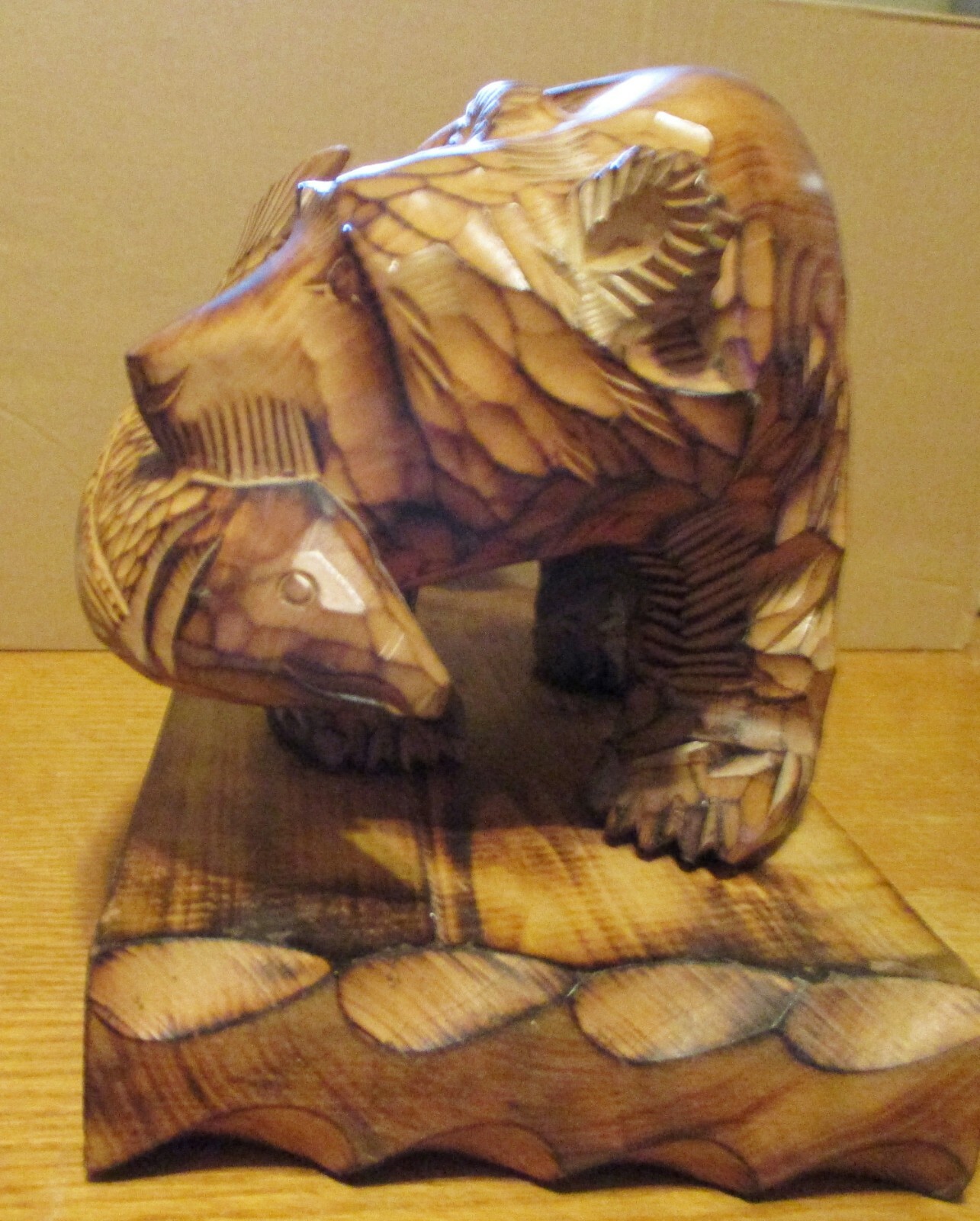 Rare Vintage Large Japan Ainu Bear with Salmon Hokkaido with Freestanding Base