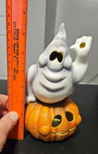 Vintage Goofy Ghost on Pumpkin Ceramic Jack O Lantern Candle Holder 1999
