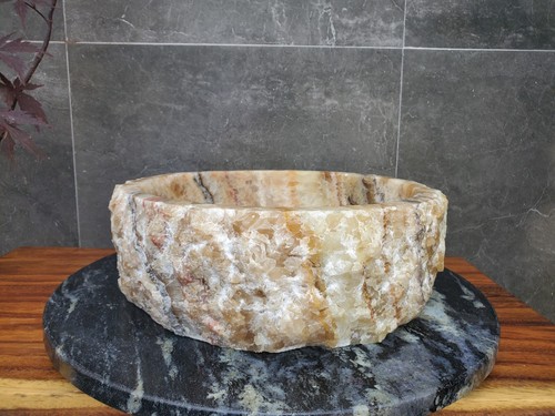 Tan White and Brown Round Onyx Bathroom Vessel Sink, 15 inch Neutral Tan Sink - Picture 10 of 11