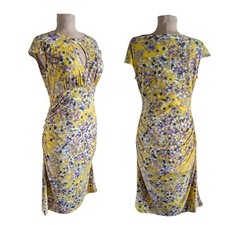 NWT Apt 9 Sz L Yellow Cap Sleeve Purple Floral Midi Dress Keyhole Neck Ruching