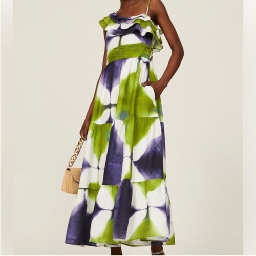 Busayo Collective Purple Green Print One Shoulder Ruffle Maxi Dress Pockets 12