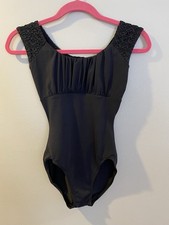 CAPEZIO Rhinestoned Pleated Bust Black Cap Sleeve Leotard W/Gold Accents Size M