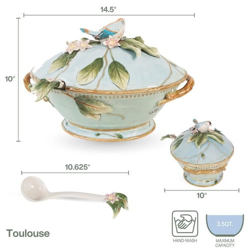 Toulouse 14.5 In. 112 Fl.oz Blue Earthenware Soup Serving Bowl, 2-Piece - Picture 2 of 4