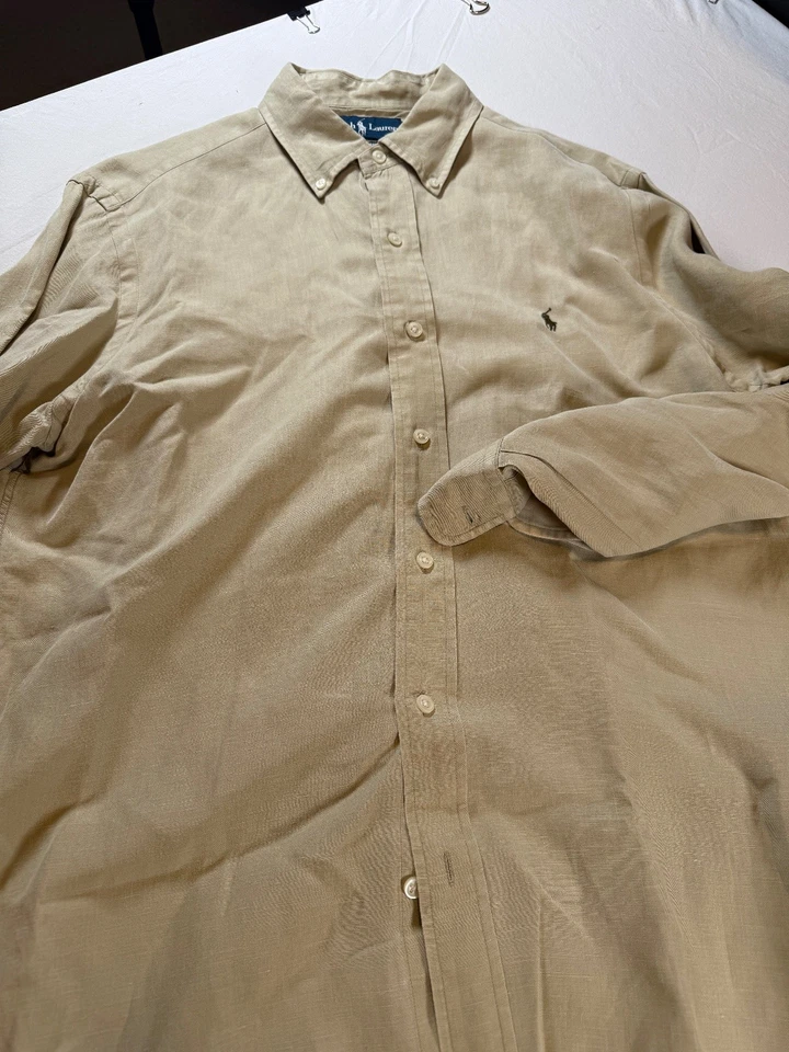 Ralph Lauren Men's Dress Shirt Classic Fit Khaki Medium Linen Gently Used - Image 2 of 4
