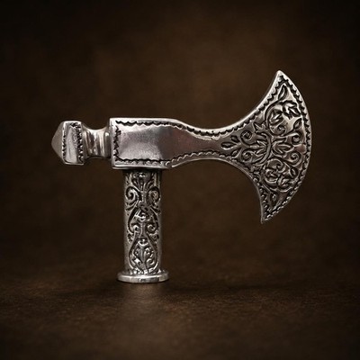 Silver Axe Head Walking Cane Floral Engraved Handle Hardwood Stick Vintage Style
