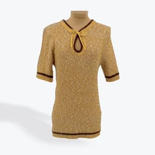 Vintage 1970s Sears Knit Top Mustard Yellow Keyhole Neck Short Sleeve Sweater