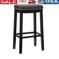 Backless Wood Bar Stool 32" Height Black Finish with Black Faux Leather Fabric