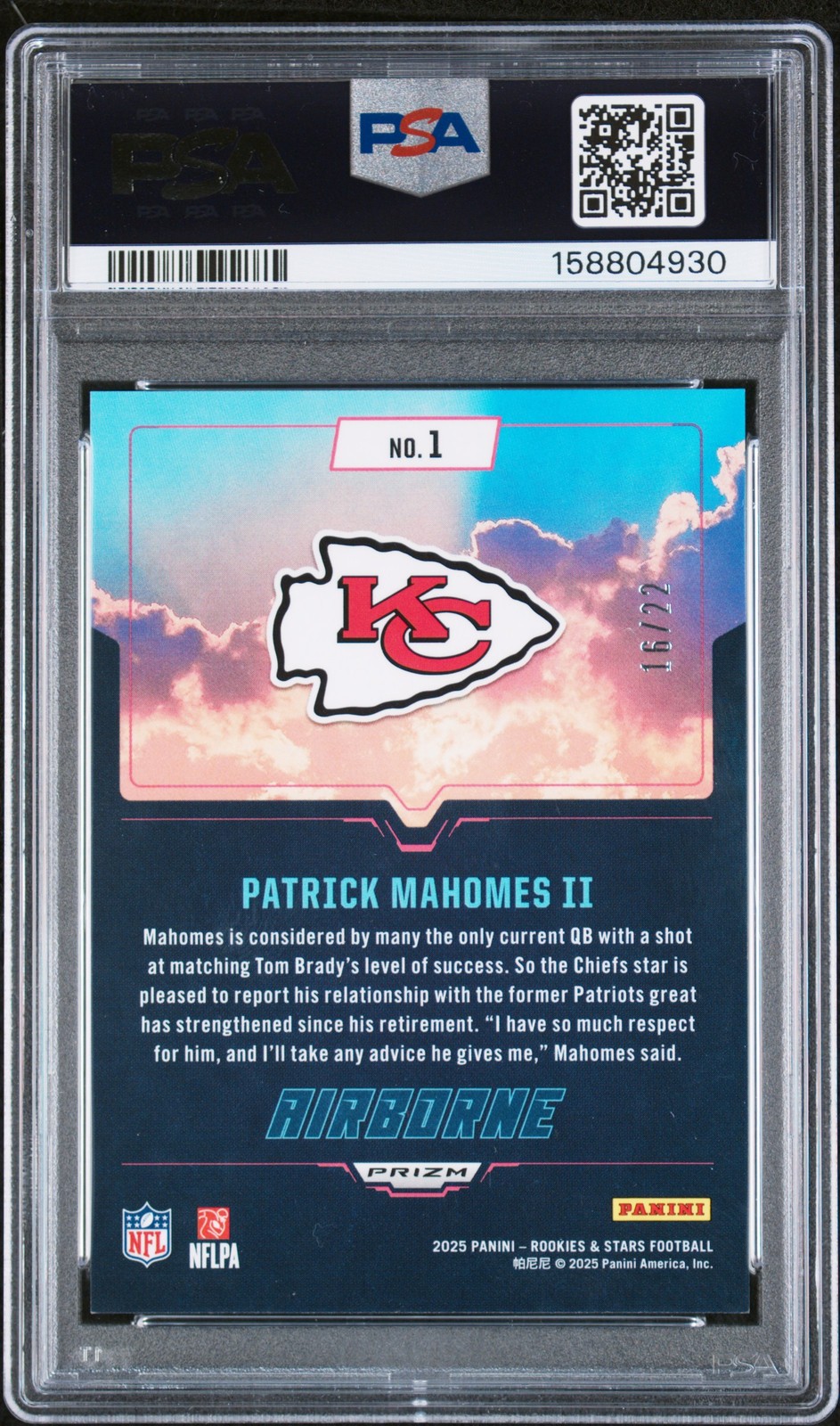 2025 PANINI ROOKIES & STARS AIRBORNE ICE FOTL #1 PATRICK MAHOMES II 16/22 PSA 8 view 2