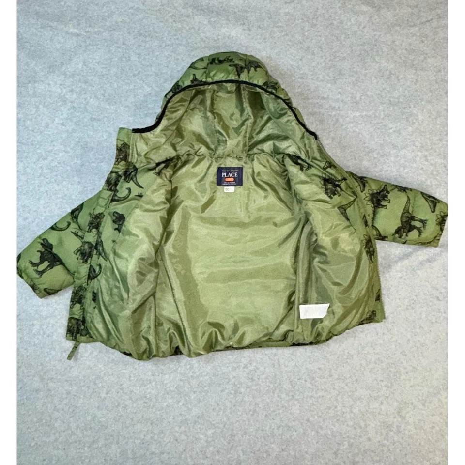 The Childrens Place Kids Puffer Jacket 4T Green Dinosaur Print Hooded Polyester - Image 3 of 4