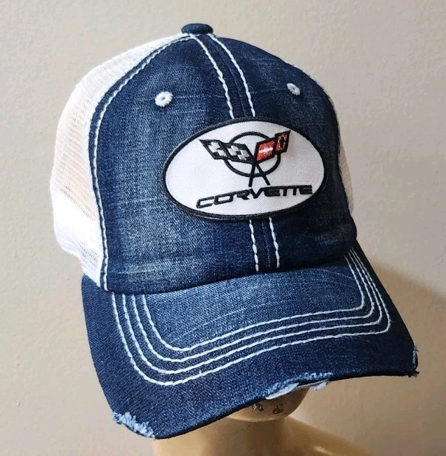 Car Vette Hat Denium & White Mesh Distressed Automotive Car Hat