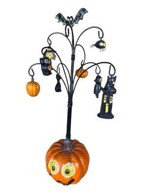 12  HALLOWEEN TREE W ORNAMENTS PUMPKIN BASE MINI Witch, CAT, Vampire, OWL, BAT