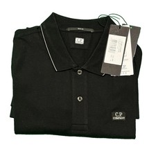 Image of C.P. Company Short Sleeve Tipped Logo Black White Polo MEDIUM Slim Fit £140