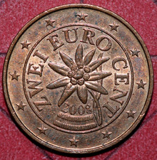 Austria  2008  2 Euro cent Edelweiss Flower- Foreign Coin 18.75mm