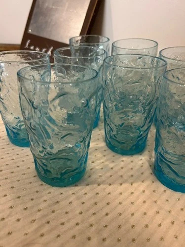 Set Of 8 1960's Vintage Anchor Hocking Lido Milano Aquamarine 12 oz Tumblers MCM
