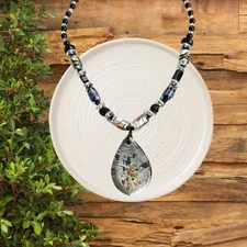 Murano Style Glass Bead Necklace Teardrop Pendant Multicolor Black Boho Art