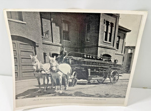Vintage 8 x 10 photo of a horse drawn fire ladder truck.  On a card stock.